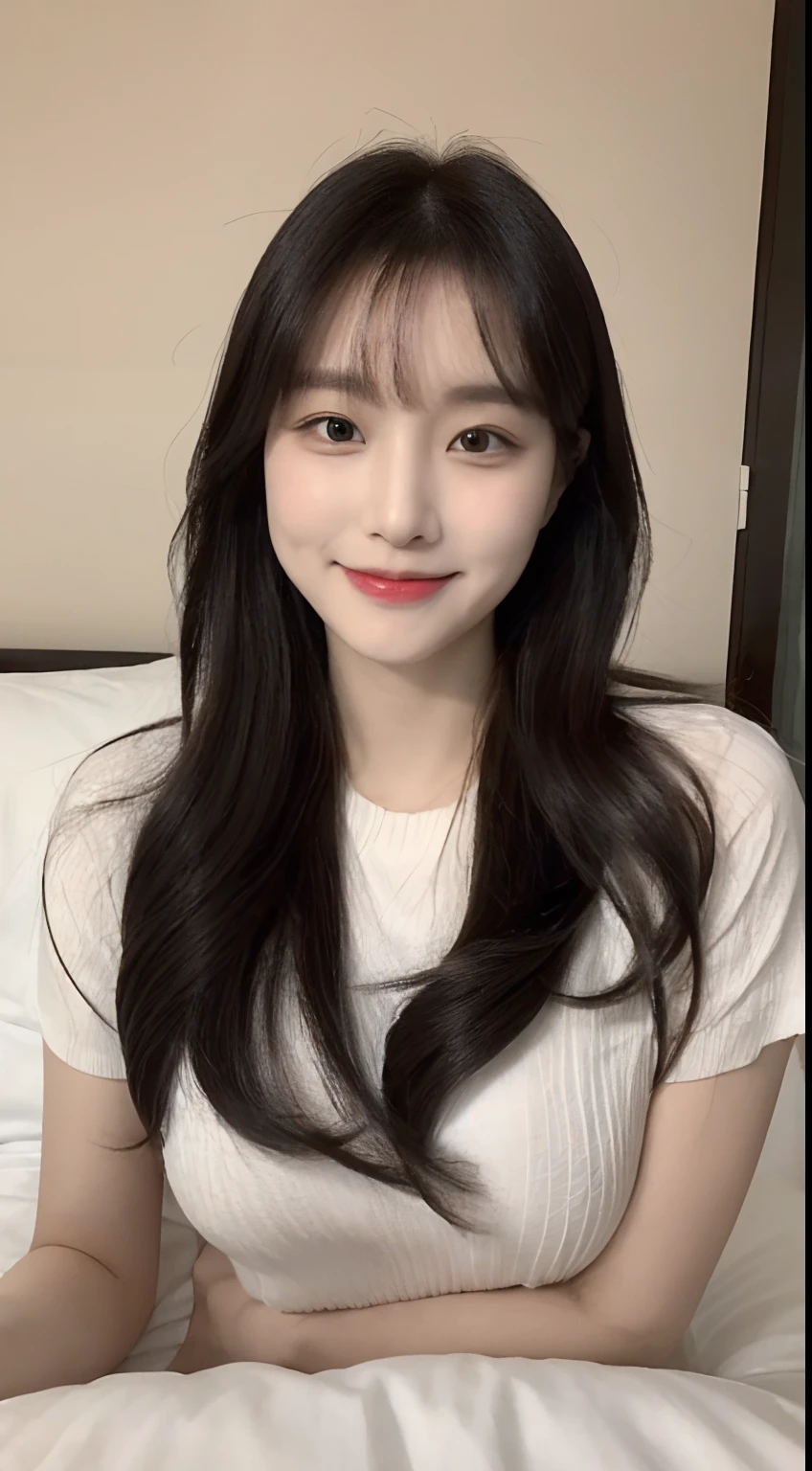 (1 Korean star with royal sister style), ((Best quality, 8K, 巨作: 1.3)), focal point: 1.2, Perfect body proportions: 1.4, (Make a smile), Watery eyes, Highly Detailed Face and Skin Textur, Fine eyes, Double eyelids, Whitens the skin, (long whitr hair, By bangs: 1.3), (face round: 1.5), (Black JK uniform: 1.4), (white stockings: 1.4),(JK style:1.4),(Girls' bedroom:1.3)(sit on a bed:1.3)