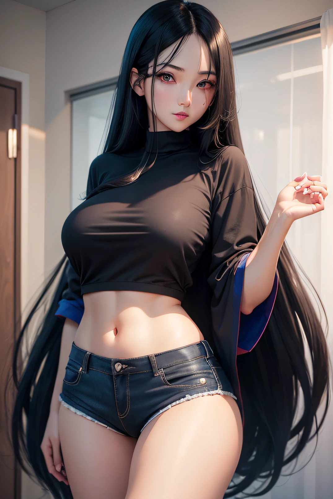 a tall girl with a long black hair , slim , wearing hot neavy blue shirt and a hot short pant with pinkish red eyes looking at viewer with silicone boobs