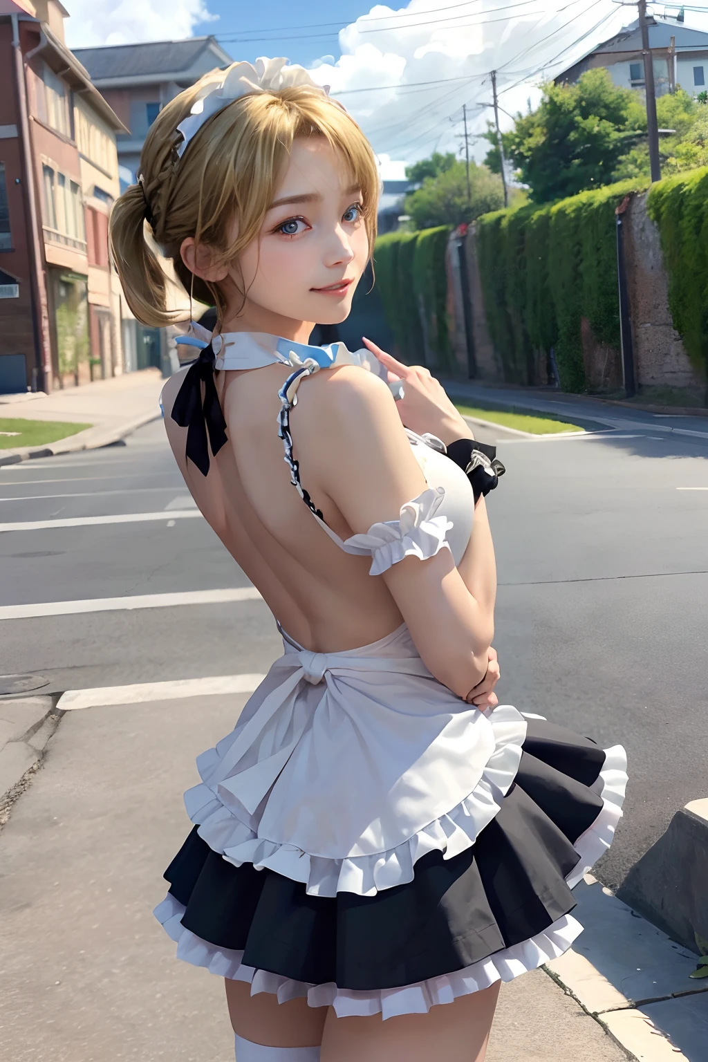 ((top-quality、8K、masterpiece:1.3)),Clear, Fine-grained skin、Beautiful clear eyes、cleavage of the breast、(Backshots:1.5)、Carefree and natural smile、(Medium bob,blondehair:1.5)、(Hair disheveled in the wind:1.3)、(Cute maid with frills:1.5)、Beautiful girl with a smile、Citizen Pool、(thin-waist:1.3)、(Dynamic and provocative poses:1.2)、