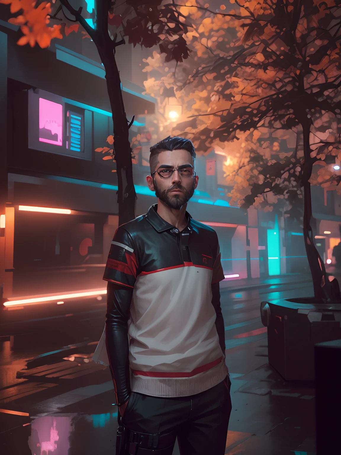 Background cyberpunk , Handsome boy , realistic face, 8k ,ultra realistic , with beard .