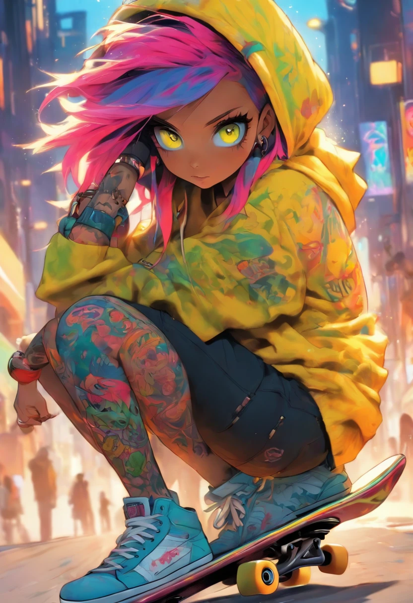 The most beautiful and sexy skateboard girl, rainbow colored hair, yellow eyes, wearing hoodie, graphic t-shirt, torn skinny jeans and highly detailed skateboard gear, tons of tattoos and piercings, highly detailed background, perfect masterpiece, high quality, high resolution