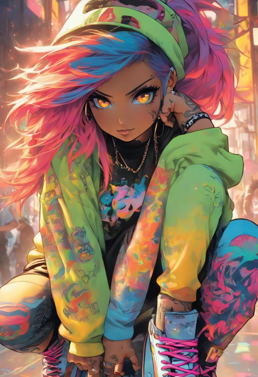 The most beautiful and sexy skateboard girl, rainbow colored hair, yellow eyes, wearing hoodie, graphic t-shirt, torn skinny jeans and highly detailed skateboard gear, tons of tattoos and piercings, highly detailed background, perfect masterpiece, high quality, high resolution