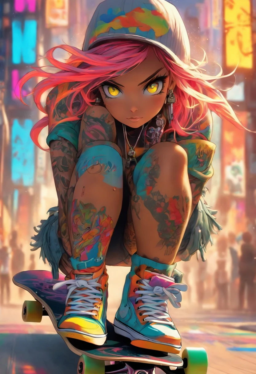 The most beautiful and sexy skateboard girl, rainbow colored hair, yellow eyes, wearing hoodie, graphic t-shirt, torn skinny jeans and highly detailed skateboard gear, tons of tattoos and piercings, highly detailed background, perfect masterpiece, high quality, high resolution