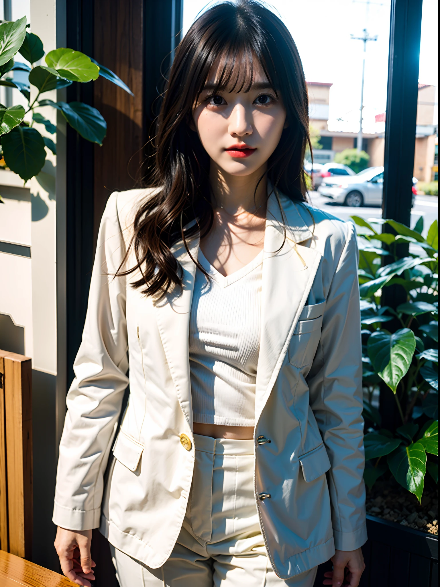 Nikon RAW photo,8 k,Fujifilm XT3,masterpiece, best quality, realistic, photorealistic, ultra detailed, 1girl, standing, closeup, windblown black hair, long hair, makeup, red lips, perfect skin, white skin, (office suit:1.1), ray tracing, plants, soft lighting, morning, sunray, ultra high res, best shadow,