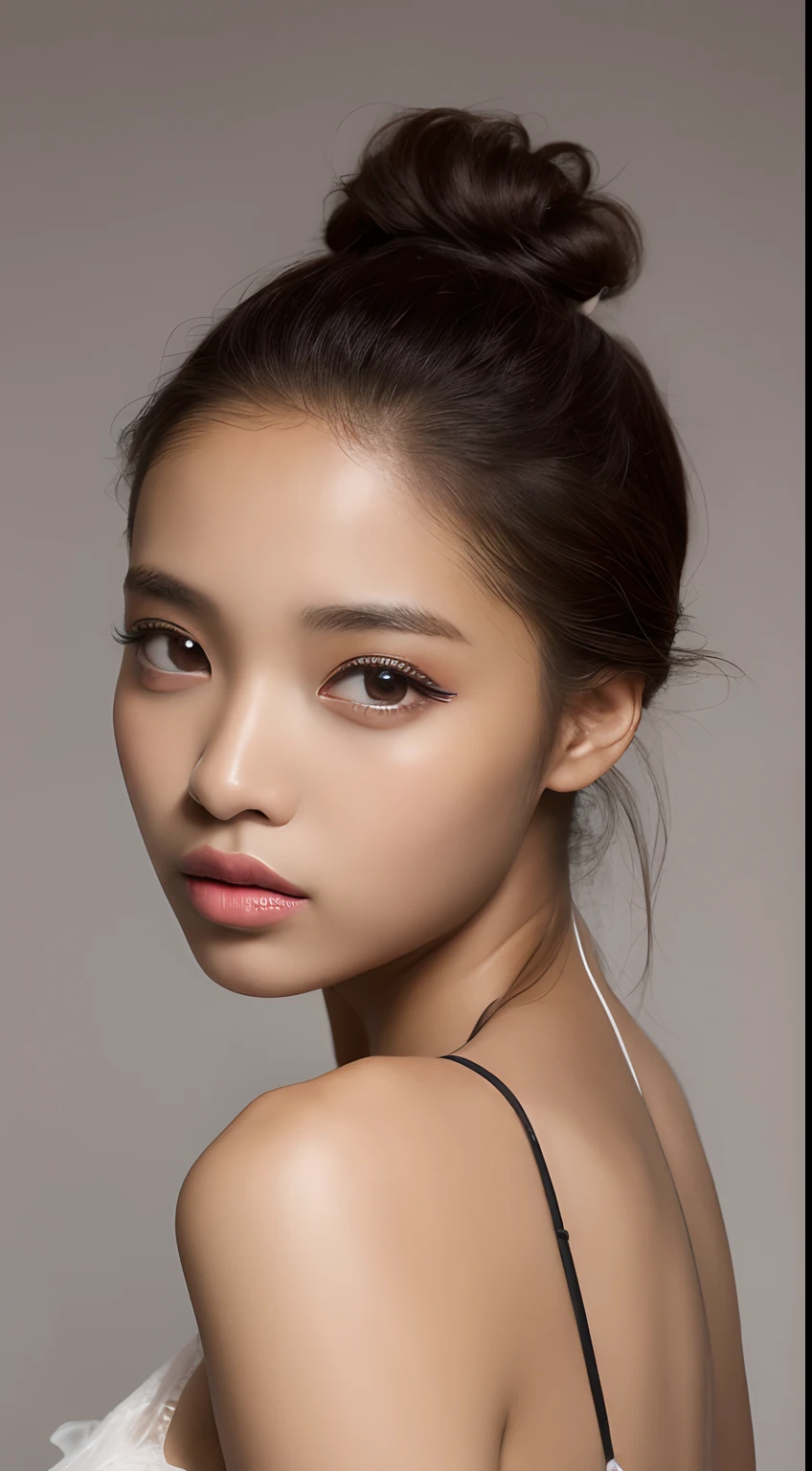 one African model ,Unique hair details, Y2K tube-top fashion, Near future, Curvilinear details , detailed eyes, double eyelid, plump lips, bun hair, professional makeup, hyper res