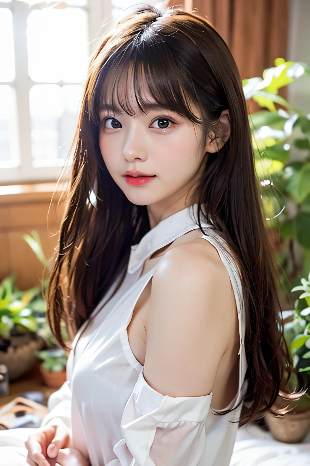 nudde、on white bed、smooth white skin、Brightly lit room