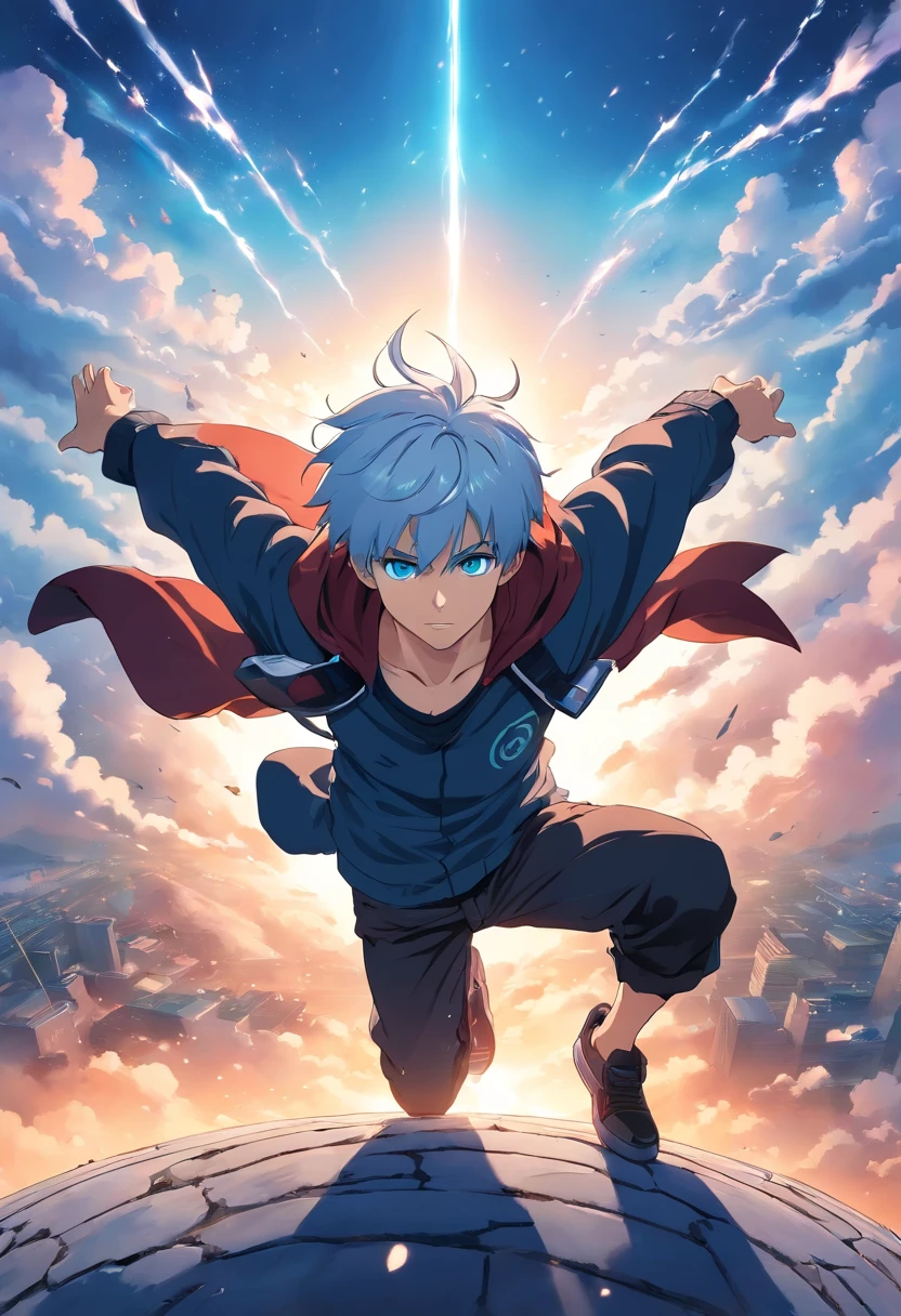 gojo satoru, jujutsu kaisen, anime, ung man, skies, float, from above, amazing, focused, blue light, blue eyes, white hair, black shirt, in the battlefield, powerfull magic aura, depth of field.