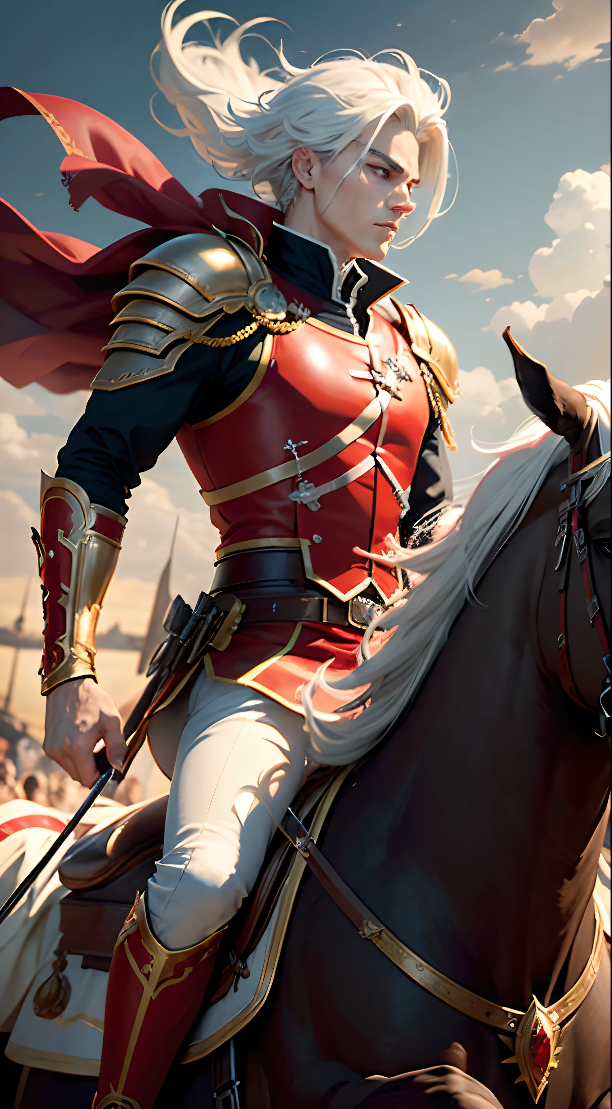 (best quality,8k,ultra-detailed,realistic),cool anime boy with white hair in red and gold, Royal knight, elegant, riding a Royal horse, full body, striking manly pose, Battlefield background, fire and chaos, vibrant colors, photo-realistic anime style, sharp focus, dynamic lighting, capturing every detail