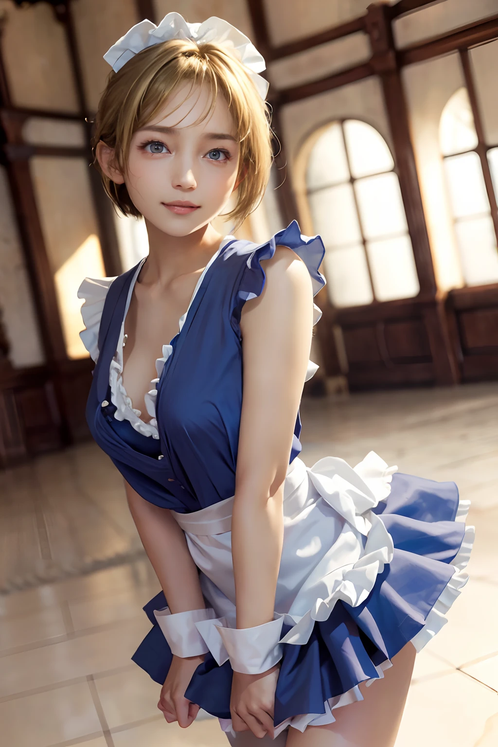 ((top-quality、8K、​masterpiece:1.3)),Clear, Fine-grained skin、Beautiful clear eyes、cleavage of the breast、(Backshots:1.5)、Carefree and natural smile、(short blonde hair:1.5)、(Hair disheveled in the wind:1.3)、(Cute shirt with frills:1.5)、Beautiful girl with a smile、Citizen Pool、(thin-waist:1.3)、(Dynamic and provocative poses:1.2)、