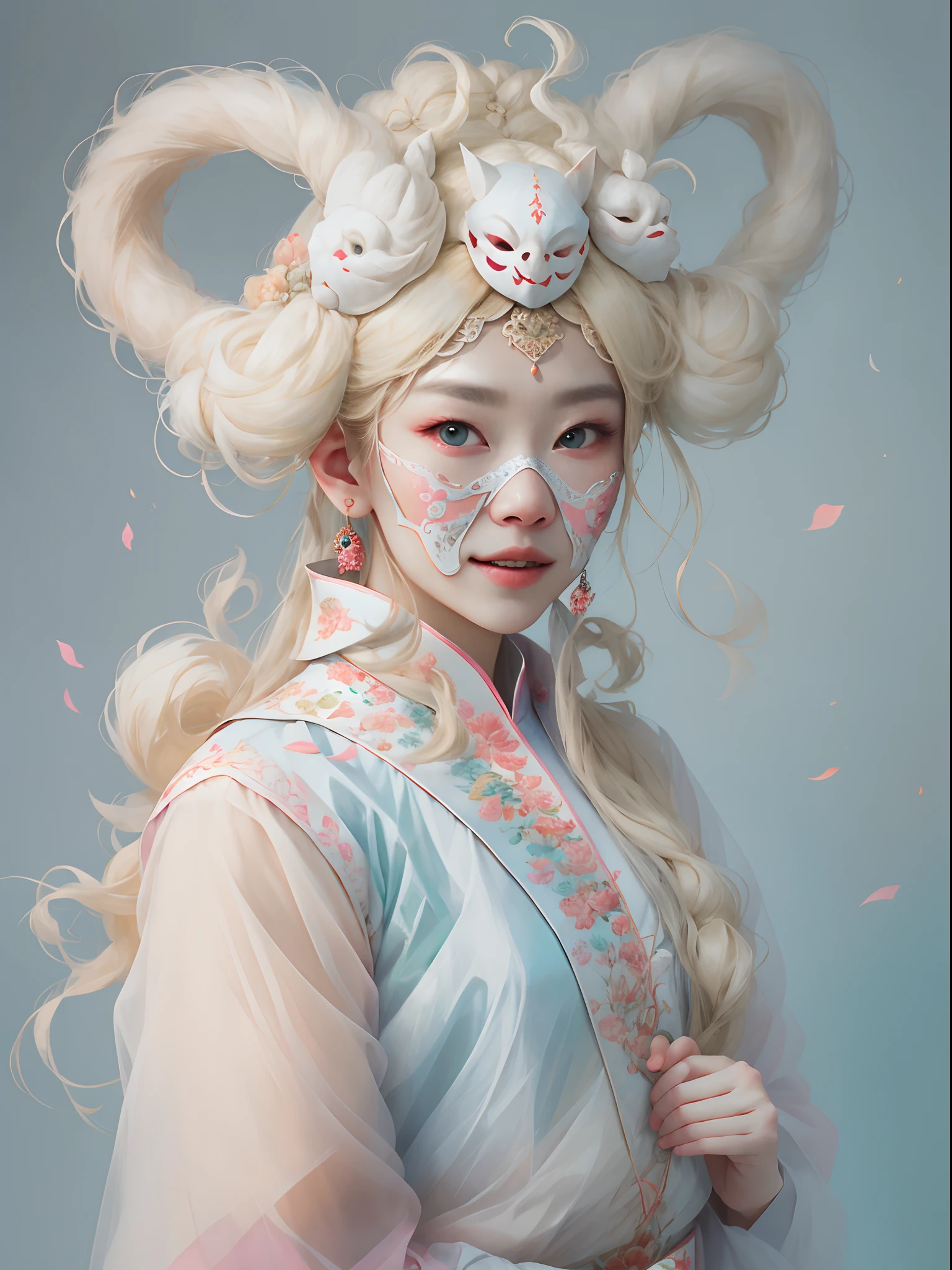 offcial art,Portrait photography, A beautiful blonde Mongolian woman dressed in pastel colored clothes, Xu Jiaoli style, Grotesque, Thick, Clothes made of foam, Trimi style, Transparent masks made of foam, ssmile, Plain background. Cool color grading, Natural light, Studio, photography of:Xu Qiaoli, In Choi Mi-mi's film,dynamicposes