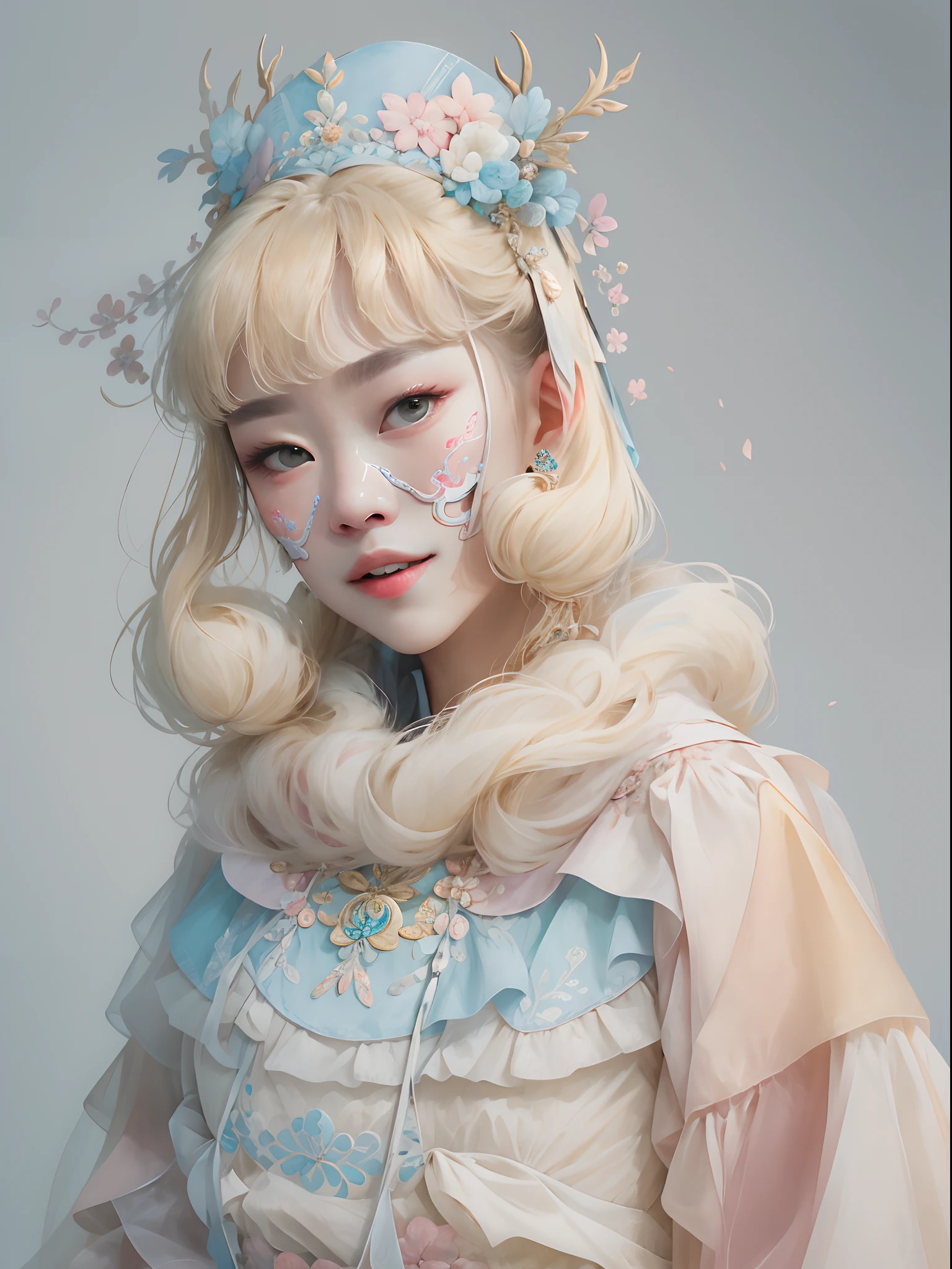 offcial art,Portrait photography, A beautiful blonde Mongolian woman dressed in pastel colored clothes, Xu Jiaoli style, Grotesque, Thick, Clothes made of foam, Trimi style, Transparent masks made of foam, ssmile, Plain background. Cool color grading, Natural light, Studio, photography of:Xu Qiaoli, In Choi Mi-mi's film,dynamicposes