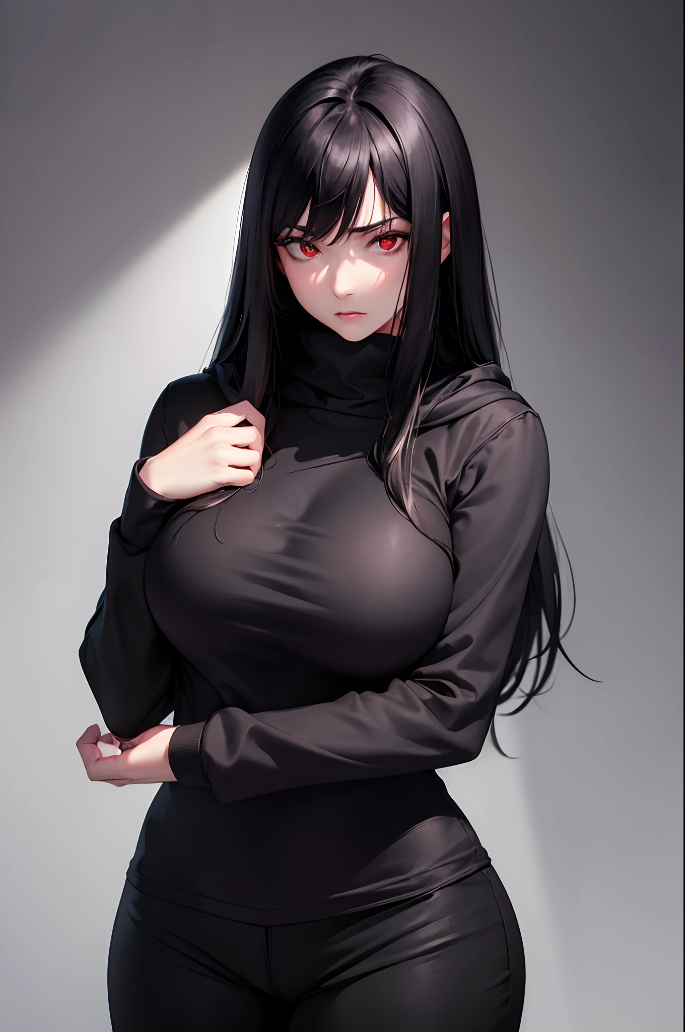 "(best quality,ultra-detailed,realistic:1.37),portrait,dark,hooded sweatshirt,black pants,penetrating red eyes,disgusted expression,big breasts,long black hair,stern,mysterious lighting,mystery"