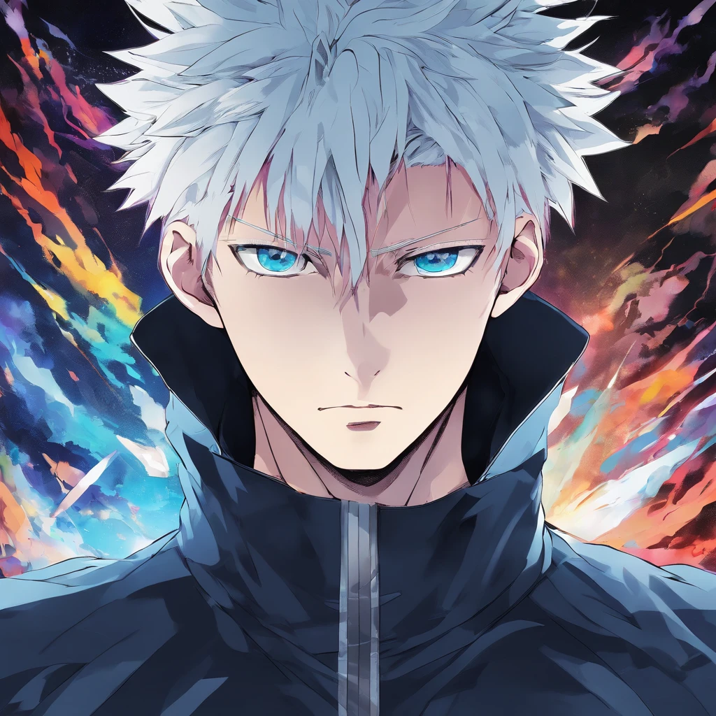 gojo satoru, jujutsu kaisen, anime, 1 young man, from the skies, above, amazing, focused, ray of magic, blue eyes, white hair, black shirt, in the battlefield, powerfull magic aura, depth of field.