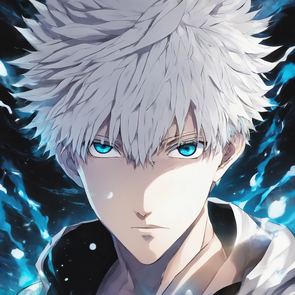 gojo satoru, jujutsu  kaisen, anime, ****ung man, from the skies, above, amazing, focused, ray of magic, blue eyes, white hair, black shirt, in the battlefield, powerfull magic aura, depth of field.