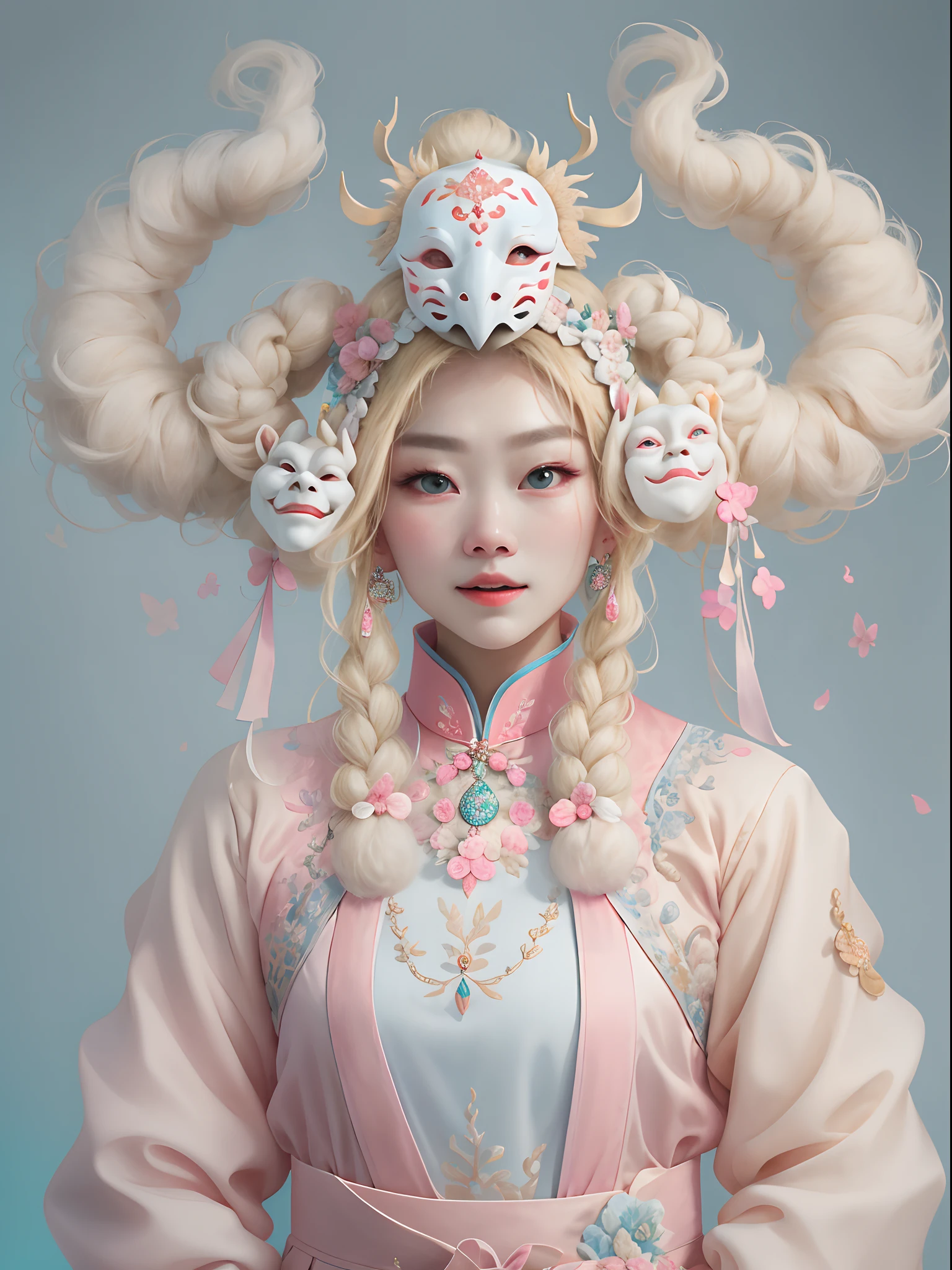 offcial art,Portrait photography, A beautiful blonde Mongolian woman dressed in pastel colored clothes, Xu Jiaoli style, Grotesque, Thick, Clothing made of foam, Trimi style, Transparent masks made of foam, ssmile, Plain background. Cool color grading, Natural light, Studio, photography of:Xu Qiaoli, In Choi Mi-mi's film,dynamicposes