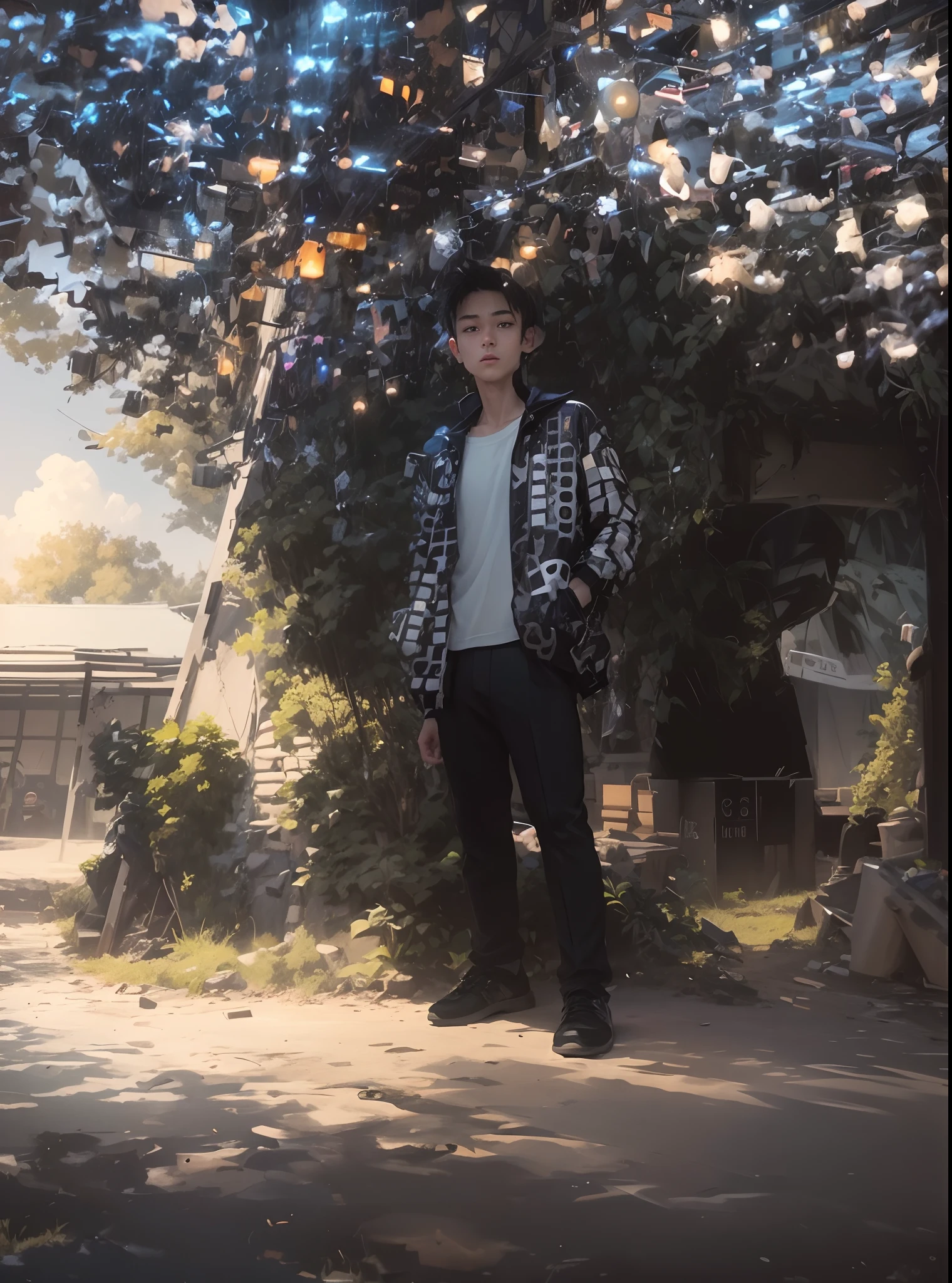 masterpiece、twinks、30-years old、A dark-haired、Black jacket、Black pants、white t-shirts、Giving bangs、Sticking out your forehead、twinks、Eyes drawn in detail、a handsome、Inside the city、starrysky、Mystical light、dramatic light、Cinematic power、