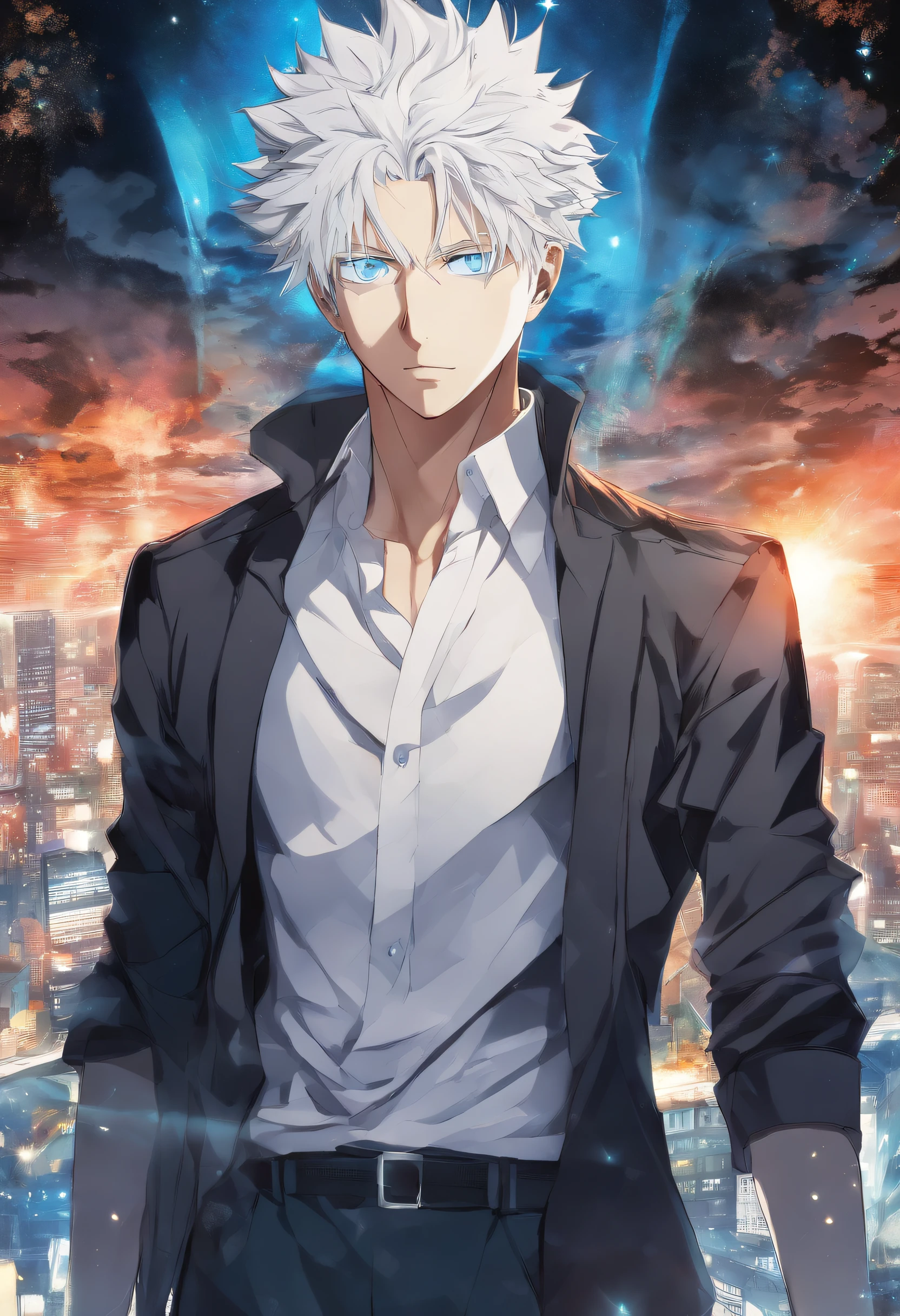 gojo satoru, jujutsu kaisen, anime, ung man, in the top of tower, amazing, focused, ray of light, blue eyes, white hair, black shirt, in the battlefield, powerfull magic aura, depth of field.
