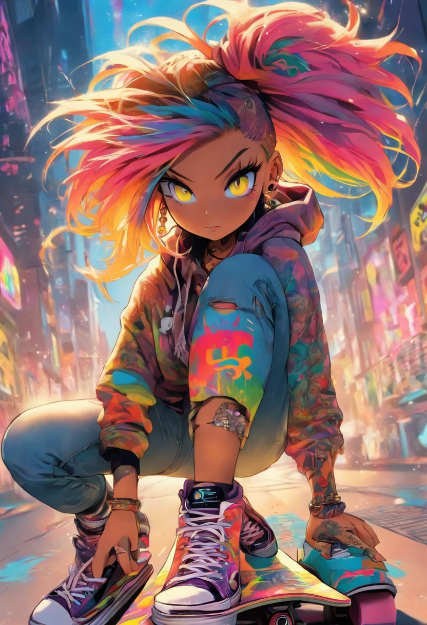 The most beautiful and sexy skateboard girl, rainbow colored hair, yellow eyes, wearing hoodie, graphic t-shirt, torn skinny jeans and highly detailed skateboard gear, tons of tattoos and piercings, highly detailed background, perfect masterpiece, high quality, high resolution