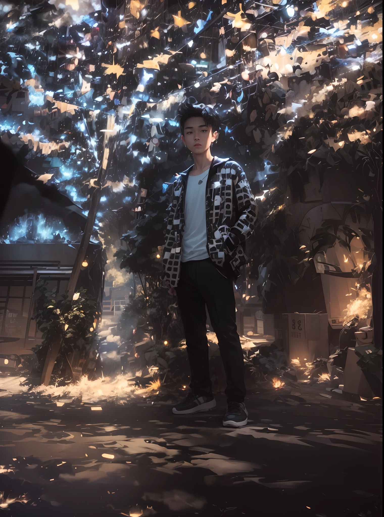 masterpiece、twinks、30-years old、A dark-haired、Black jacket、Black pants、white t-shirts、Giving bangs、Sticking out your forehead、twinks、Eyes drawn in detail、a handsome、Inside the city、starrysky、Mystical light、dramatic light、Cinematic power、