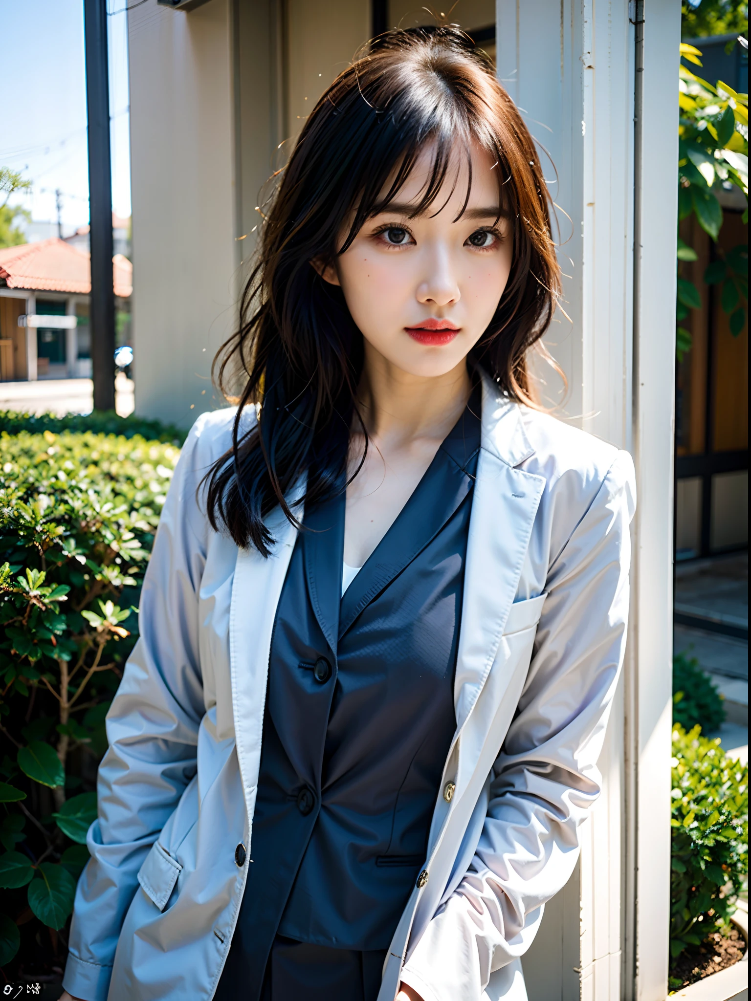 Nikon RAW photo,8 k,Fujifilm XT3,masterpiece, best quality, realistic, photorealistic, ultra detailed, 1girl, standing, closeup, windblown black hair, long hair, makeup, red lips, perfect skin, white skin, (office suit:1.1), ray tracing, plants, soft lighting, morning, sunray, ultra high res, best shadow,