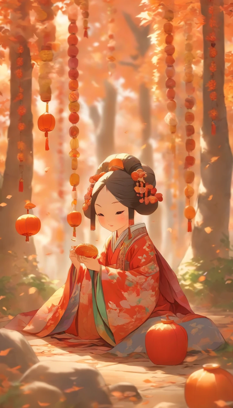 A young girl sits under a maple tree eating rock sugar gourd,Japanese manga style,The girl wears a Peking Opera costume,There are swallow-shaped kites on the ground,panini,Small cake,Fruit pie,high tea,some books,Japanese treatment system,