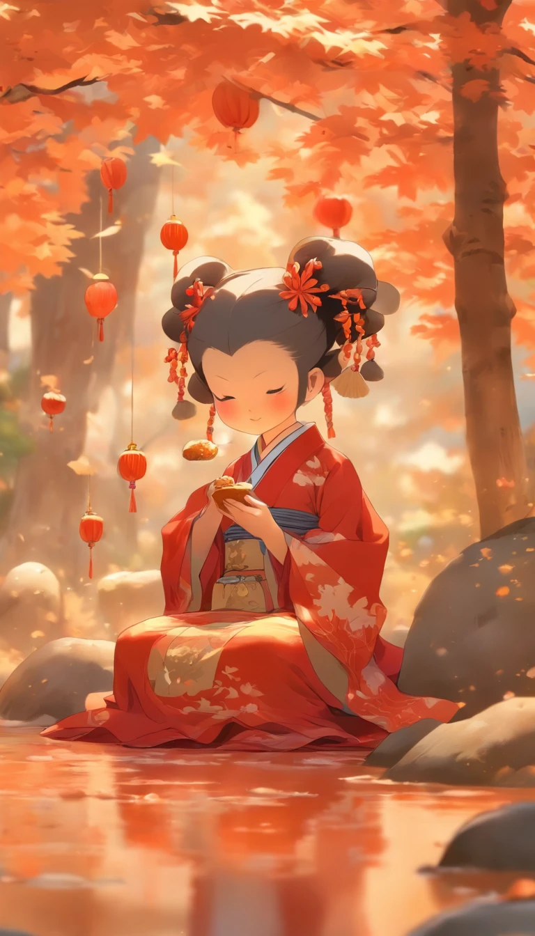 A young girl sits under a maple tree eating rock sugar gourd，Japanese manga style，The girl wears a Peking Opera costume，There are swallow-shaped kites on the ground，panini，Small cake，Fruit pie，high tea，some books，Japanese treatment system，