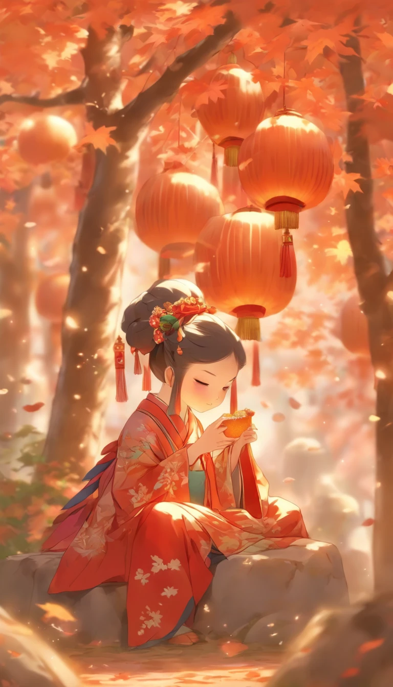 A young girl sits under a maple tree eating rock sugar gourd,Japanese manga style,The girl wears a Peking Opera costume,There are swallow-shaped kites on the ground,panini,Small cake,Fruit pie,high tea,some books,Japanese treatment system,