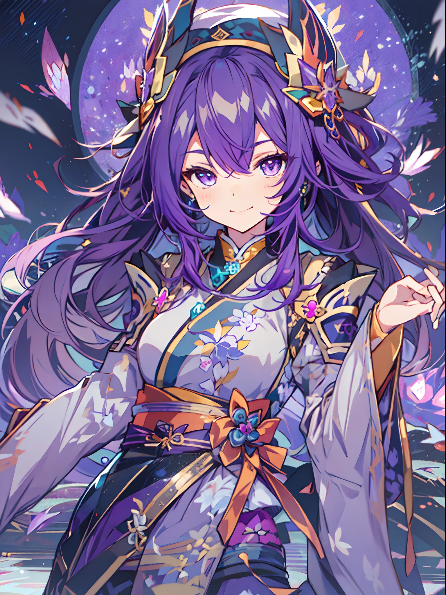 anime girl with purple hair and purple eyes in a purple outfit, ayaka genshin impact, [[[[grinning evily]]]], akasuki voidstar, onmyoji portrait, hajime yatate, anime moe artstyle, portrait knights of zodiac girl, keqing from genshin impact, ayaka game genshin impact
