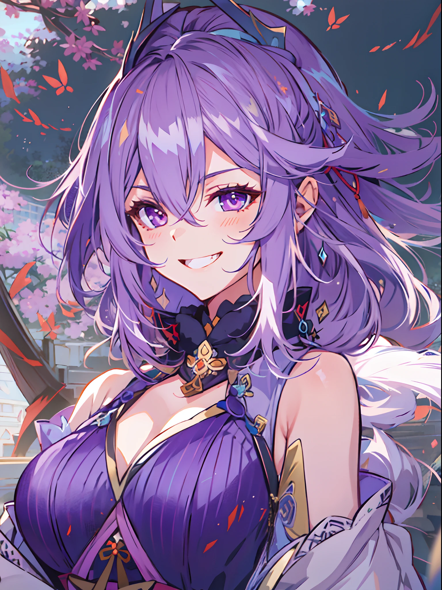 anime girl with purple hair and purple eyes in a purple outfit, ayaka genshin impact, [[[[grinning evily]]]], akasuki voidstar, onmyoji portrait, hajime yatate, anime moe artstyle, portrait knights of zodiac girl, keqing from genshin impact, ayaka game genshin impact