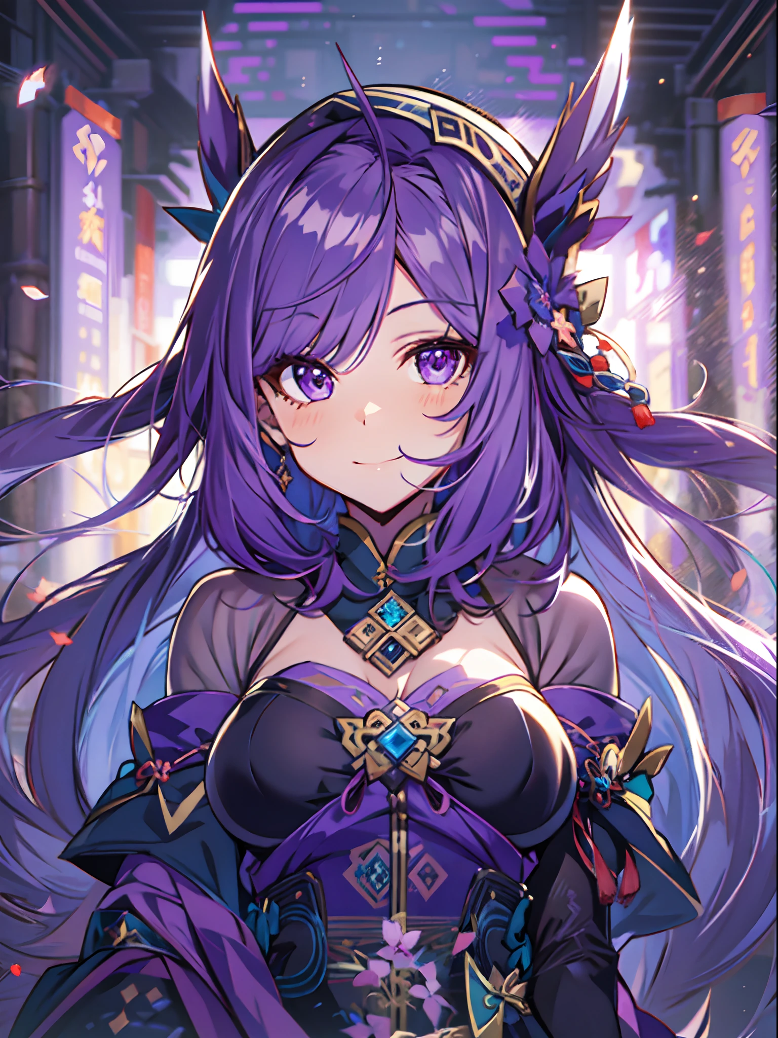 anime girl with purple hair and purple eyes in a purple outfit, ayaka genshin impact, [[[[grinning evily]]]], akasuki voidstar, onmyoji portrait, hajime yatate, anime moe artstyle, portrait knights of zodiac girl, keqing from genshin impact, ayaka game genshin impact