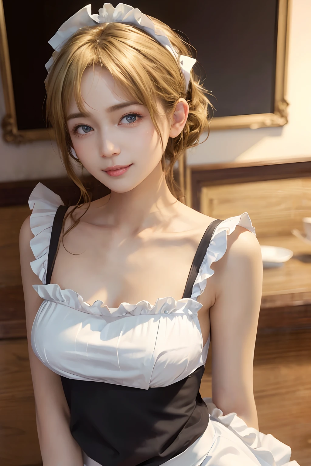 ((top-quality、8K、​masterpiece:1.3)),Clear, Fine-grained skin、Beautiful clear eyes、cleavage of the breast、(Backshots:1.5)、Carefree and natural smile、(Short blonde Hair:1.5)、(Hair disheveled in the wind:1.3)、Large glasses without presence、(Cute maid with frills:1.5)、Beautiful girl with a smile、Citizen Pool、(thin-waist:1.3)、(Dynamic and provocative poses:1.2)、poneyTail