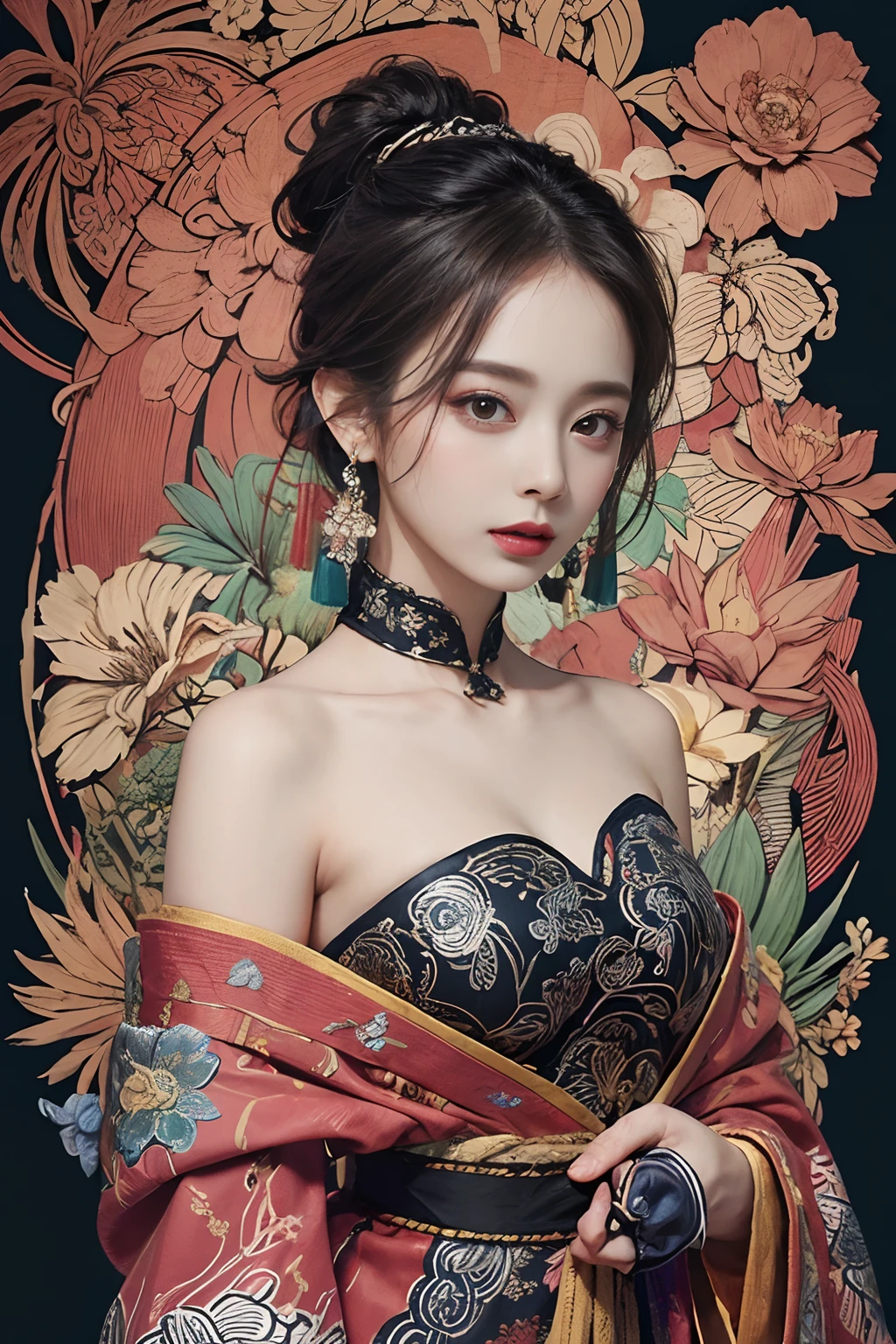 (masterpiece, top quality, best quality, official art, beautiful and aesthetic:1.2), (1girl:1.3), extremely detailed,(fractal art:1.1),(colorful:1.1)(flowers:1.3),highest detailed,(zentangle:1.2), (dynamic pose), (abstract background:1.3), (chinese Traditional cloth:1.2), (shiny skin), (many colors:1.4), ,(earrings:1.4),