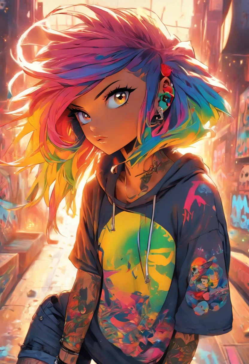 The most beautiful and sexy skateboard girl, rainbow colored hair, yellow eyes, wearing hoodie, graphic t-shirt, torn skinny jeans and highly detailed skateboard gear, tons of tattoos and piercings, highly detailed background, perfect masterpiece, high quality, high resolution