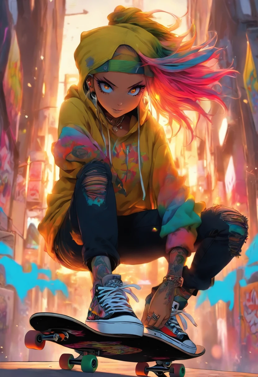 The most beautiful and sexy skateboard girl, rainbow colored hair, yellow eyes, wearing hoodie, graphic t-shirt, torn skinny jeans and highly detailed skateboard gear, tons of tattoos and piercings, highly detailed background, perfect masterpiece, high quality, high resolution