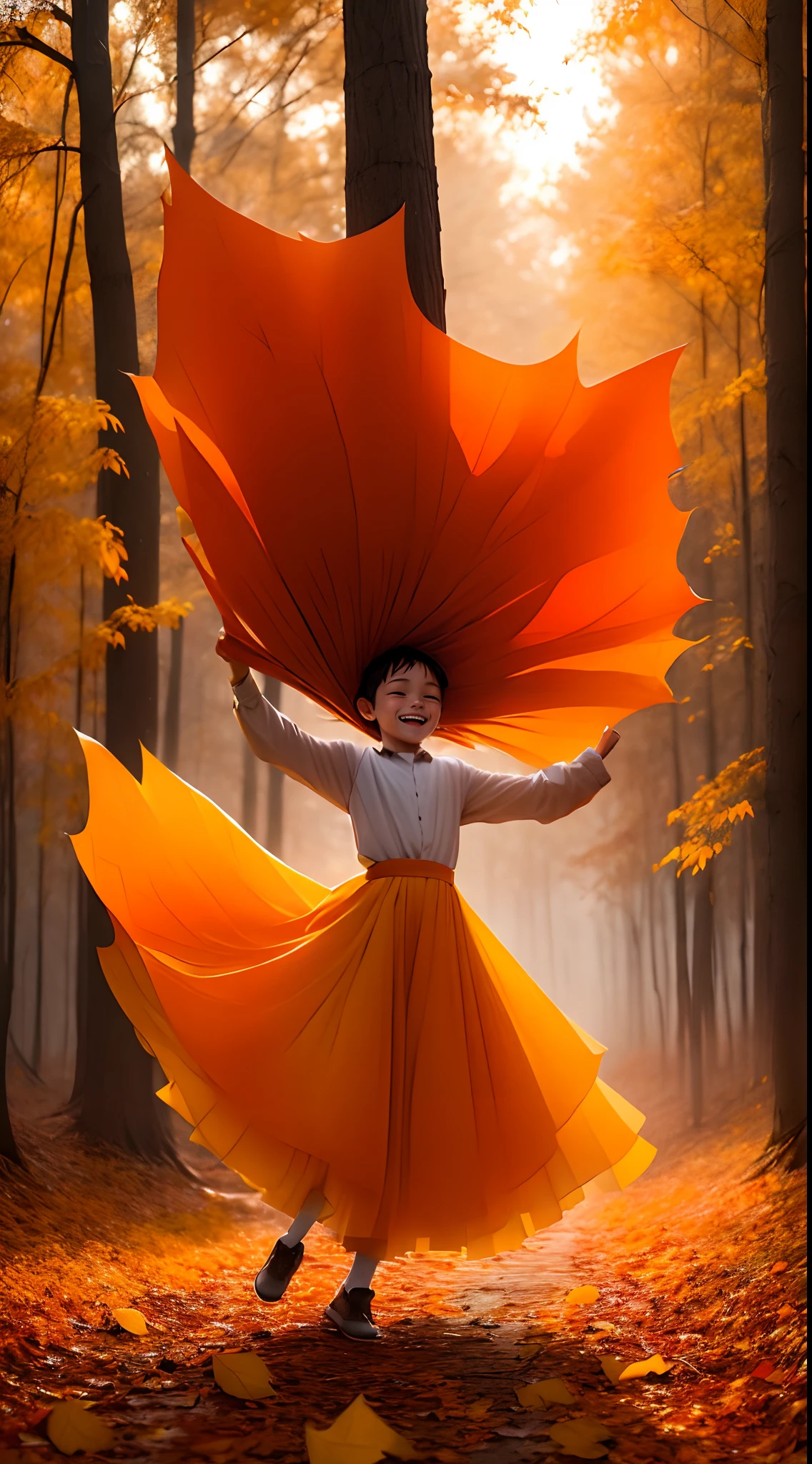 in a forest with autumn colors: a cheerful child (bright smile) (movement of the child throwing himself into the pile of leaves (red, yellow and orange)). Canon EOS 5D Mark IV, sunset, high quality photos, top detail, masterpiece, author: ksenia belanger.