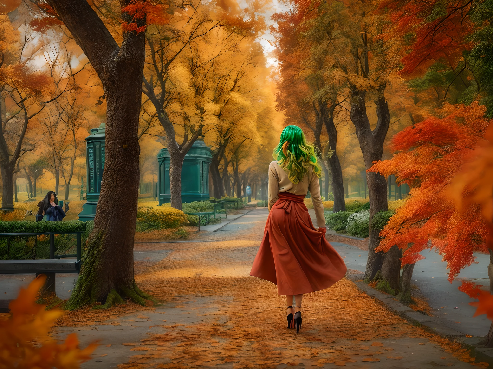 a model shot of woman walking in the park at autumn, a young woman, wearing a (blue skirt: 1.1), (green hair: 1.1), long hair, wavy hair, high heels, strolling in the park at autumn, a shot from the rear, she is leaving, no looking back, there are leaves on the road, many leaves in red, orange and brow, full spectrum, vibrant colors, urban park at autumn background, trees with orange, red, yellow leaves, a sense of departure, glamours shot, best quality, 16k, [ultra detailed], masterpiece, best quality, (ultra detailed), full body, ultra wide shot, photorealistic