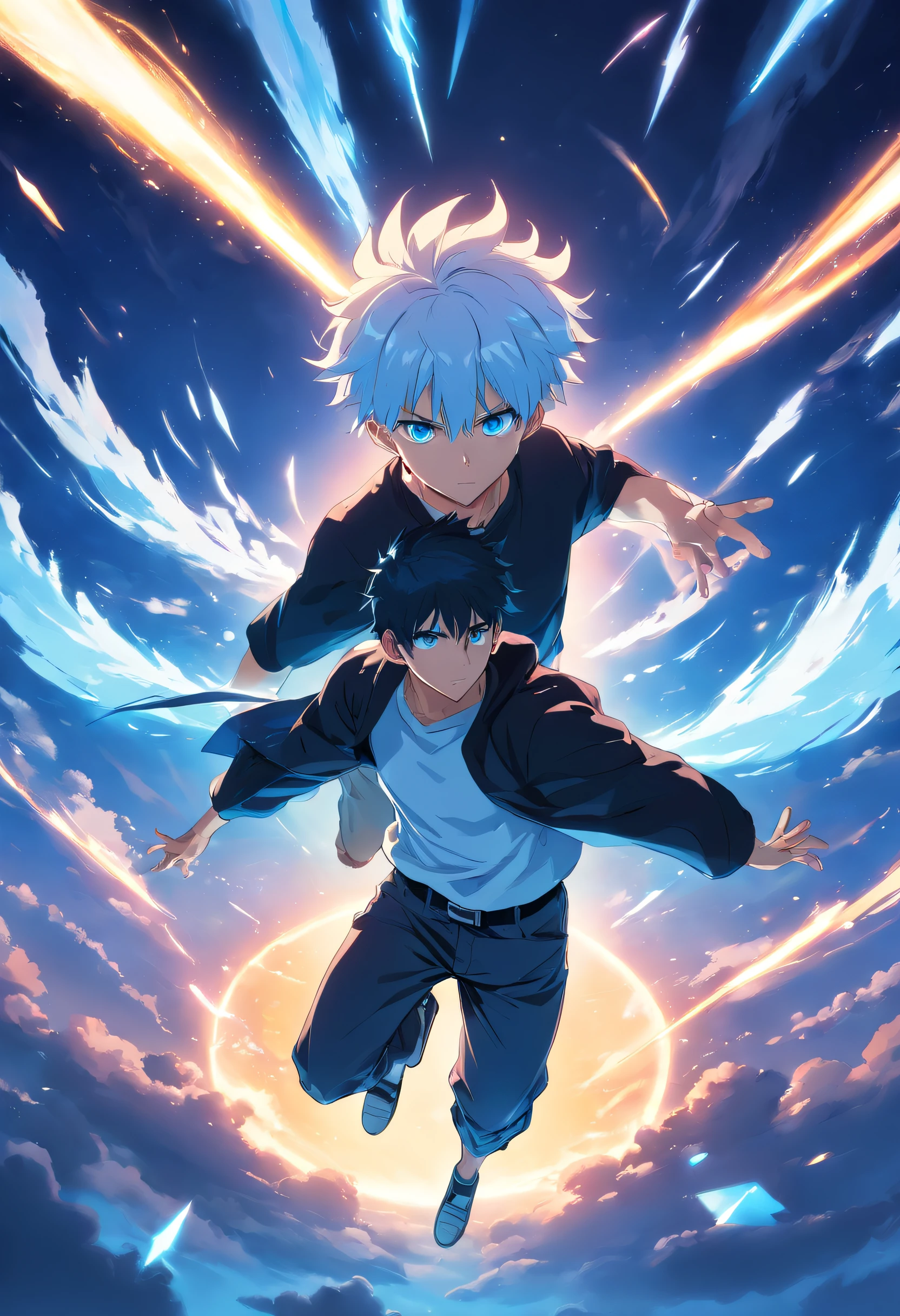 gojo satoru, jujutsu kaisen, anime, 1 young man, skies, float, from above, amazing, focused, blue light, blue eyes, white hair, black shirt, in the battlefield, powerfull magic aura, depth of field.