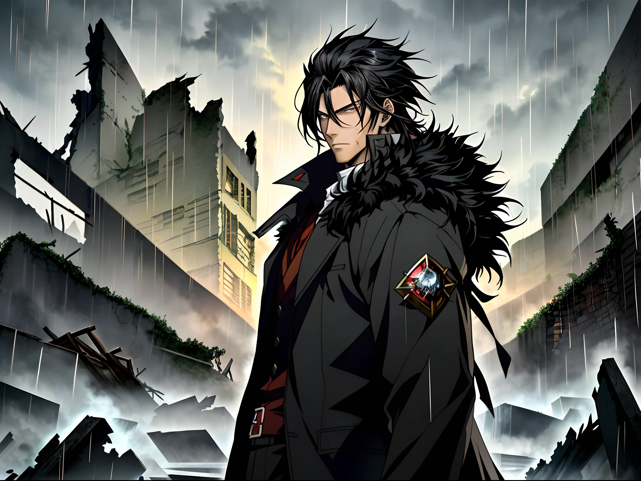 An anime man in a black fur coat stands among the ruins in the rain, Black colored eyes,Black hair,Anime handsome man, Anime portrait of a handsome man, Anime concept HDR anime, Key anime art, male anime character,