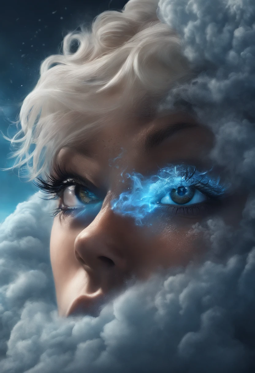 Eyes in volcanic smoke, a volcano erupts,The eyes are on it, Shades of blue, digital art inspired by Cyril Rolando, ultra-realistic realism, Portrait of a giant eye in volcanic smoke, mystic eye, There was a cloud of smoke in one eye, ultra-realistic realism