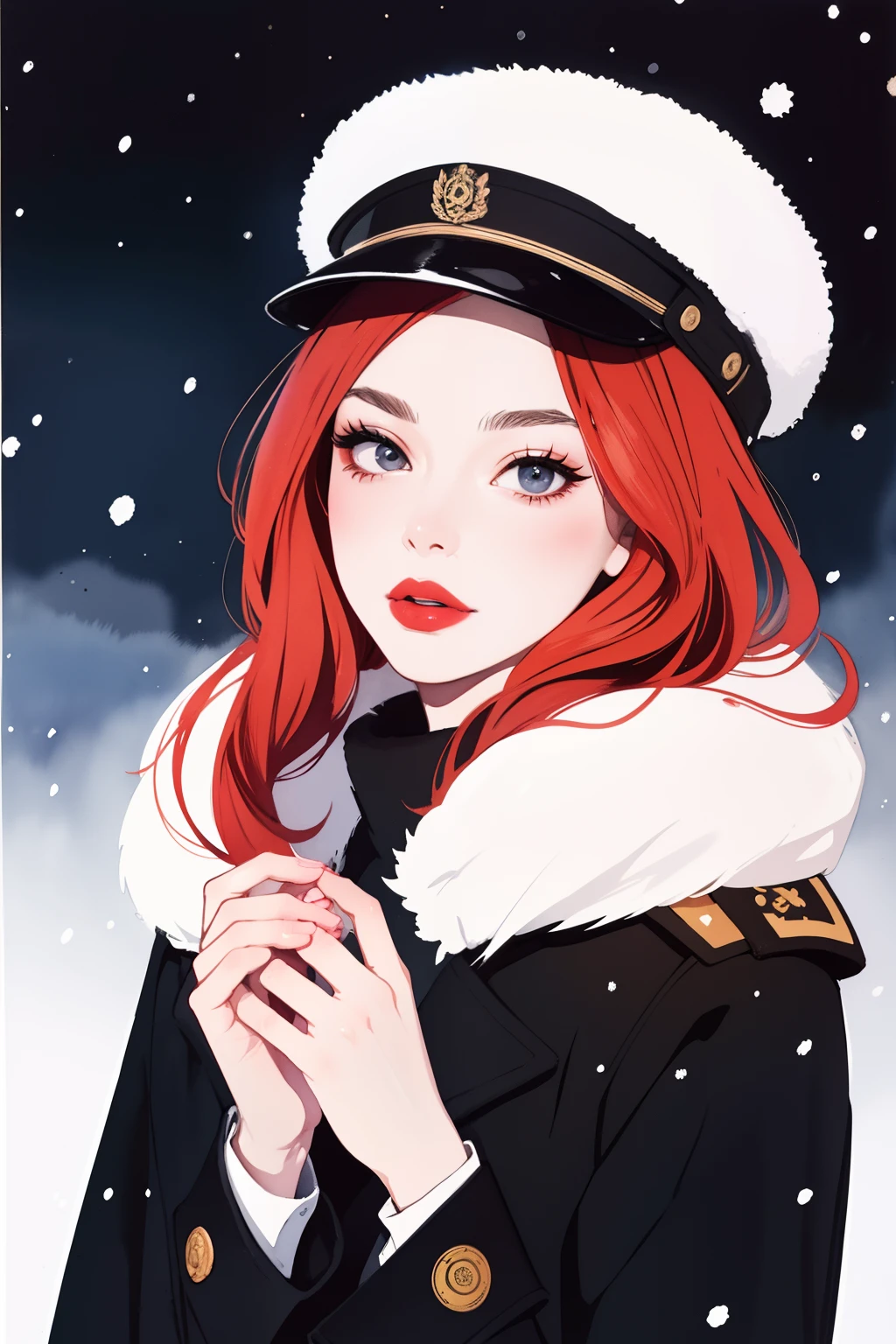 (masterpiece:1.2, best quality), 1girl, 18yo, black military coat, anime minimalist, watercolor