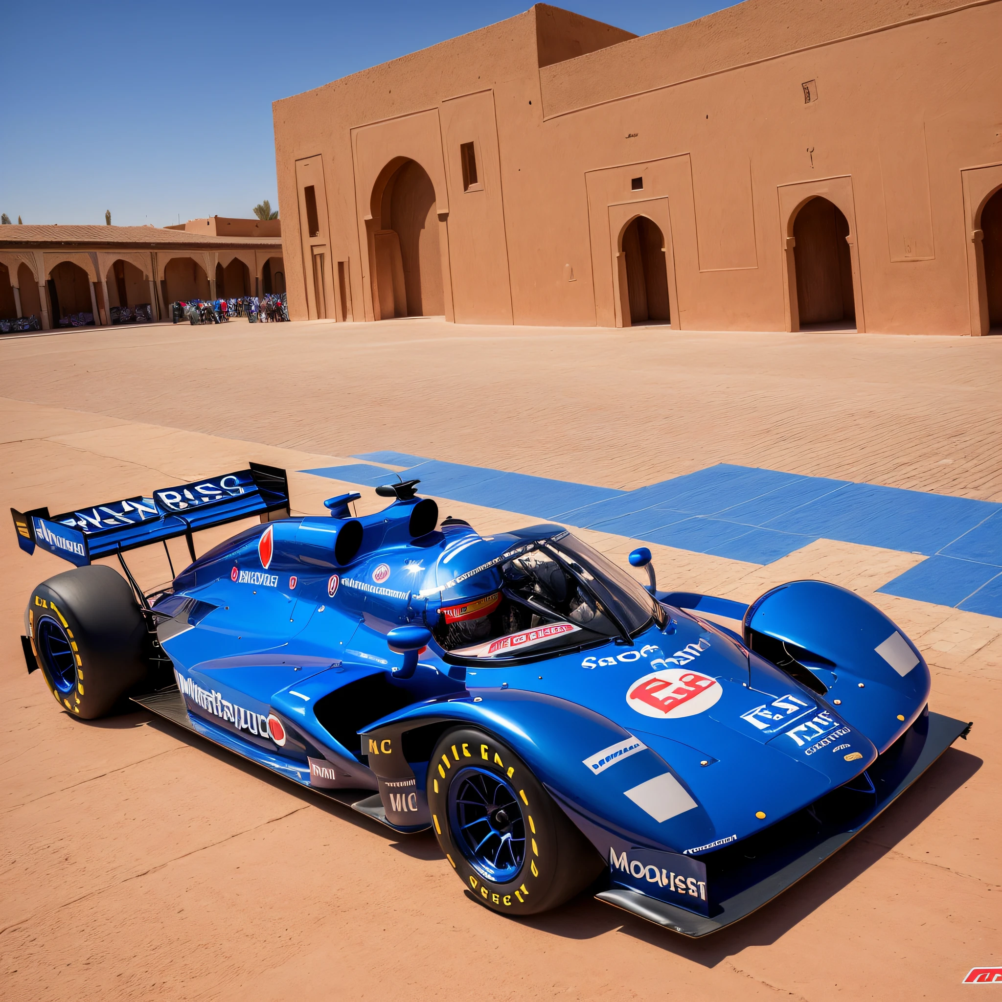 (best quality:1.33), (masterpiece:1.42),(photorealistic:1.3) (detailed:1.15), (sexy F1 racecar), stunning Marrakech background