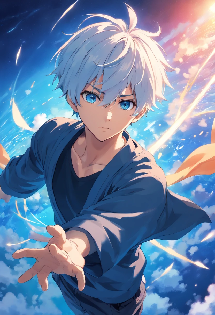 gojo satoru, jujutsu kaisen, anime, ultra hd, super high resolution, 1 young man, blue skies, float, from above, amazing, focused, blue light, blue eyes, white hair, black shirt, in the battlefield, powerfull magic aura, depth of field.