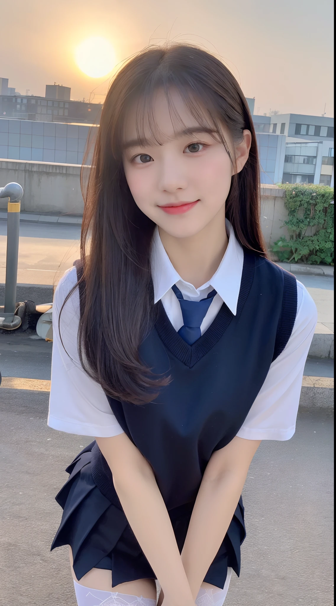 (1 Korean star with royal sister style), ((Best quality, 8K, Masterpiece: 1.3)), Focus: 1.2, Perfect body beauty: 1.4, (Make a smile), (Sunset: 1.3), Watery eyes, Highly detailed face and skin texture, Fine eyes, Double eyelids, Whitens the skin, (Long hair, Air bangs: 1.3), (face round: 1.5), (JK school uniform: 1.4), (Standing on the roof: 1.6),(white stockings: 1.4),(film grain style:1.3),a sense of atmosphere