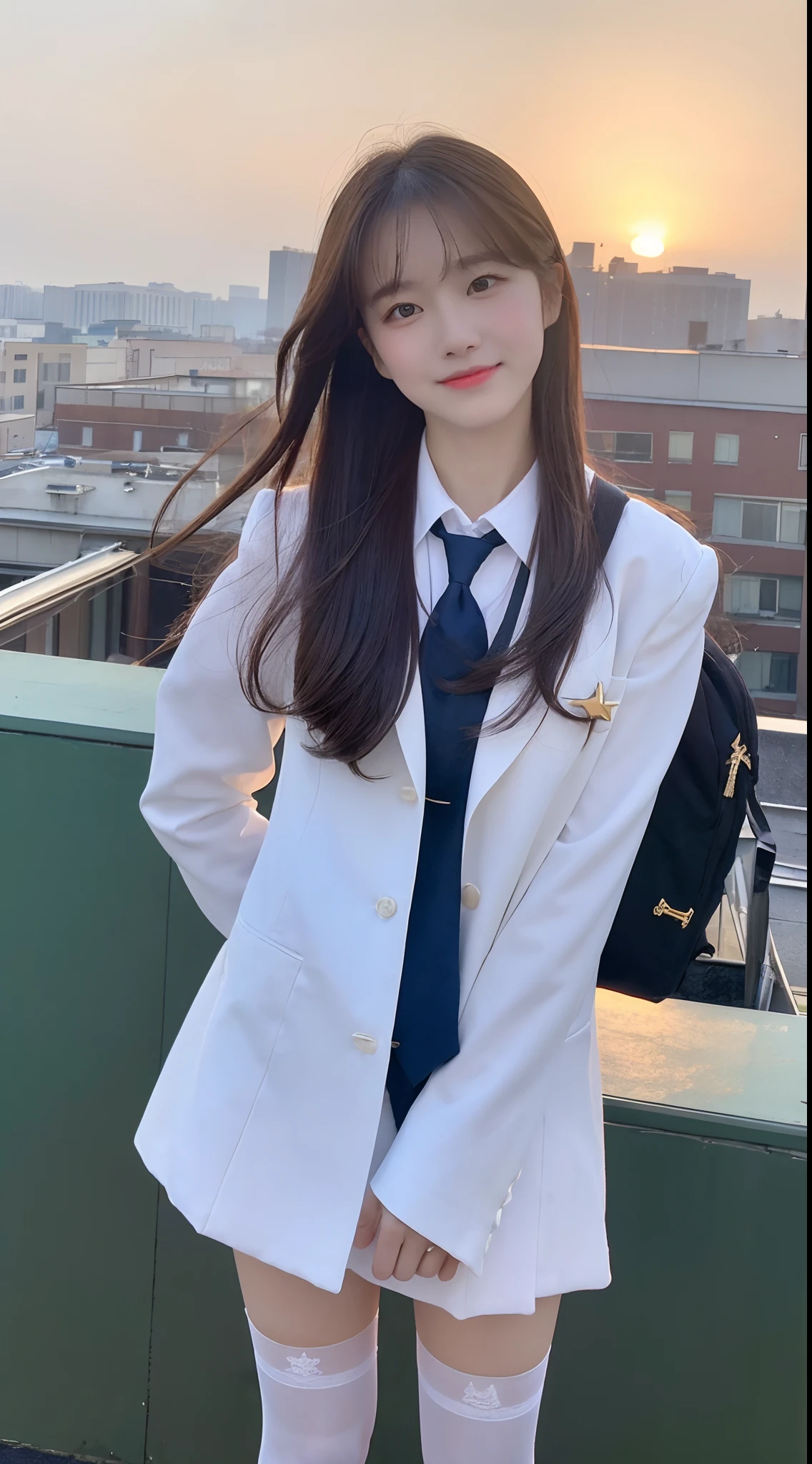 (1 Korean star with royal sister style), ((Best quality, 8K, Masterpiece: 1.3)), Focus: 1.2, Perfect body beauty: 1.4, (Make a smile), (Sunset: 1.3), Watery eyes, Highly detailed face and skin texture, Fine eyes, Double eyelids, Whitens the skin, (Long hair, Air bangs: 1.3), (face round: 1.5), (JK school uniform: 1.4), (Standing on the roof: 1.6),(white stockings: 1.4),(film grain style:1.3),a sense of atmosphere