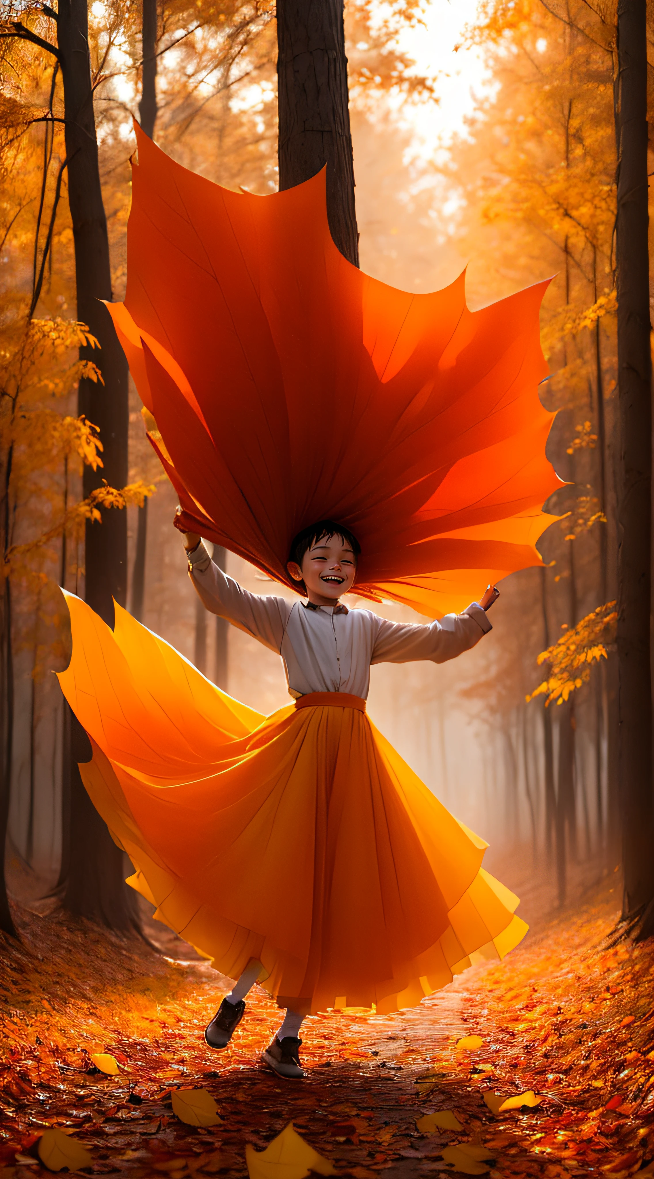 in a forest with autumn colors: a cheerful child (bright smile) (movement of the child throwing himself into the pile of leaves (red, yellow and orange)). Canon EOS 5D Mark IV, sunset, high quality photos, top detail, masterpiece, author: ksenia belanger.