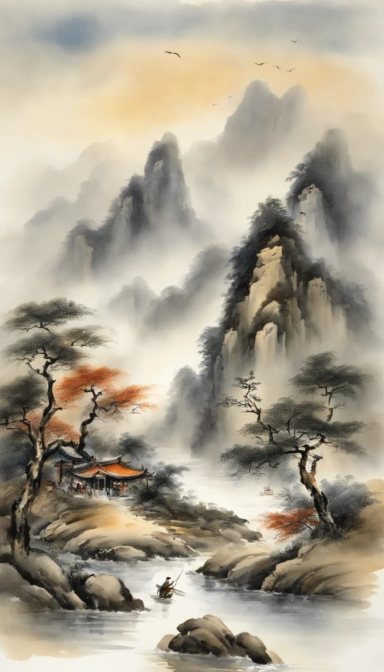 In Chinese landscape painting、Use ink and watercolor styles、We produce by combining water ink and ink。Stain the screen、Detailed scenery is depicted from a distance to an ultra-wide viewing angle.。A light boat floats in the distance、Stain that meticulous detail、Beautifully depicted in low saturation and low contrast tones。Light boats cross ten thousand heavy mountains、It is produced as the work of a master with beautiful details and accuracy。This work is as a T masterpiece、"Amaterasu"It will also be produced with elements of。