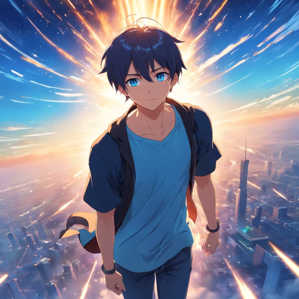 Anime, ultra hd, super high resolution, 1 young man, blue skies, float, from above, amazing, focused, blue light, blue eyes, white hair, black shirt, in the battlefield, powerfull magic aura, depth of field.