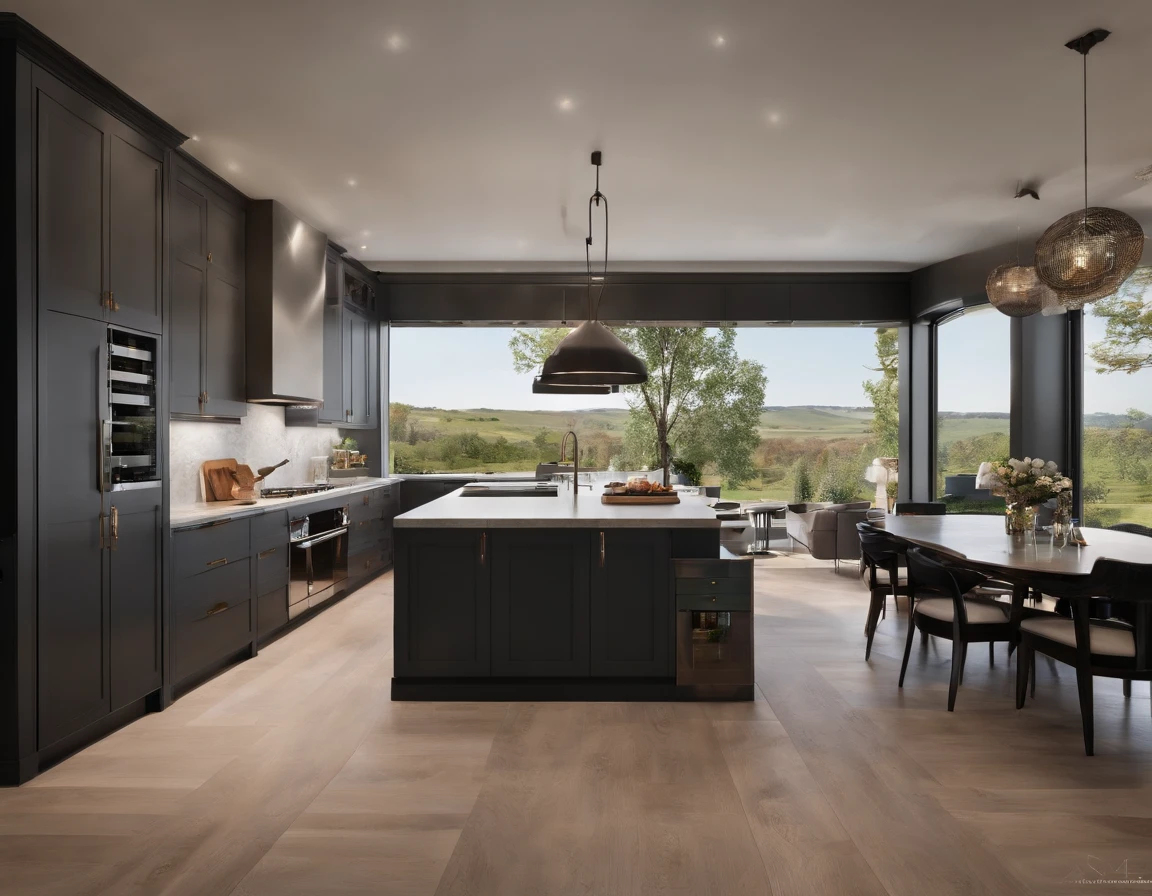 Modern kitchen,Gorgeous renovation,refrigeratory,cupboard,wide scene,in a panoramic view,from the outside, nffsw, high details