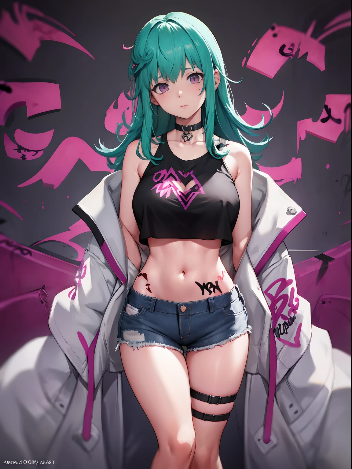 turn_nurse|Arena of Valor, master-piece, bestquality, 1girls,25 years old, proportional body, elongated legs, Beautiful, proportional., crop top, Long Jeans, gigantic breasts, ,bara, crop top, choker, (Graffiti:1.5), Splash with purple lightning pattern., arm behind back, against wall, View viewers from the front., Thigh strap, Head tilt, bored,