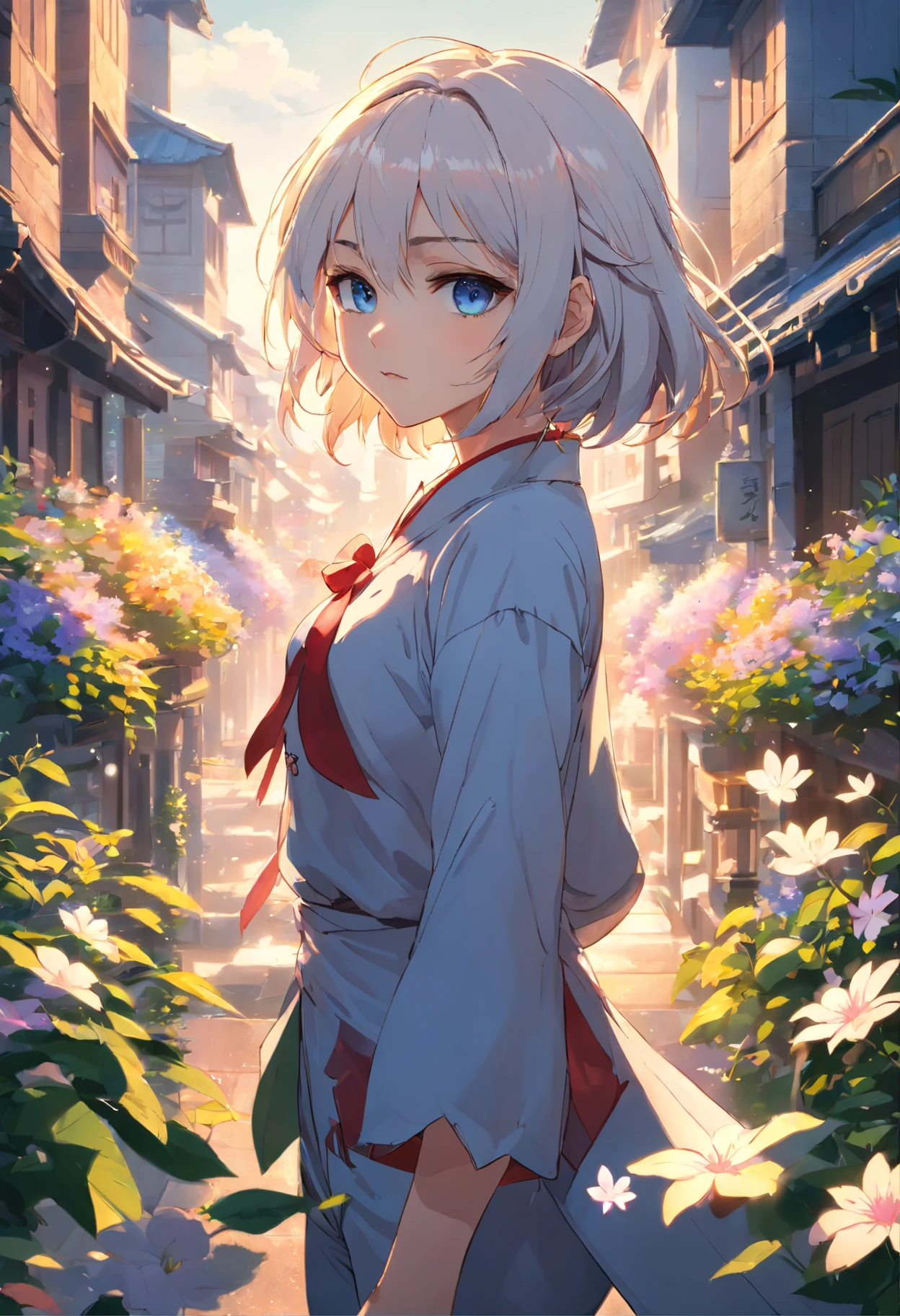 An extremely detailed illustration of a vampire girl on the town, perfect body, (anime illustration), medieval, ((detailed fantasy town)), (detailed sky), (detailed buildings), (small height), {detailed eyes). (white hair), (blue eyes), white plain shirt, tunic, pants, (dramatic lighting), ((Masterpiece)), ((white winds)), ((perfect detailed hands)), detailed leaves, ((intricate detail)), Jewel-like eyes, (sharp eyes), long hair, (((smooth wet skin))), fierce look, (flowers), sunlight, ((surrounded by floating petal)), focus on the subject, chiaroscuro, kingdom, HD wallpaper, UHD image, trending on Pixiv